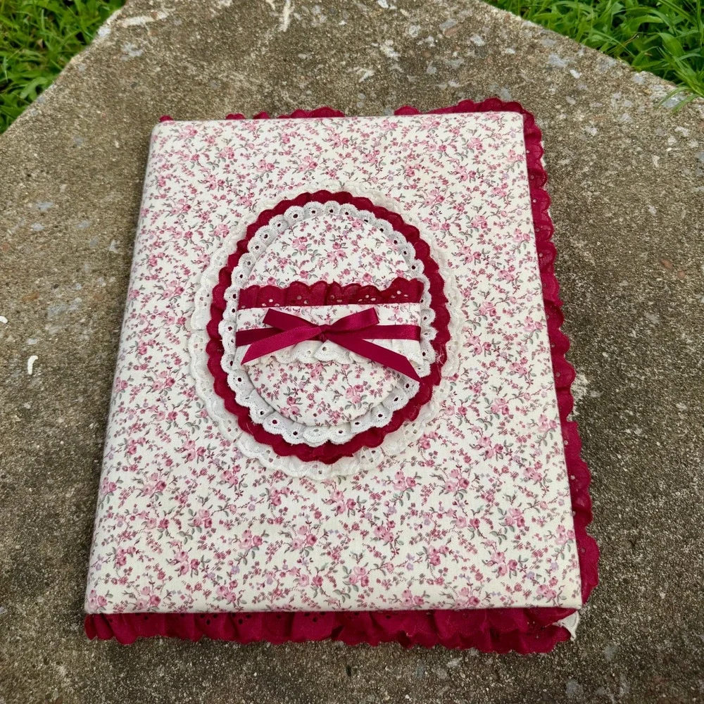 Vintage Floral Fabric Photo Album Scrapbook Burgundy Eyelet Lace Cottagecore